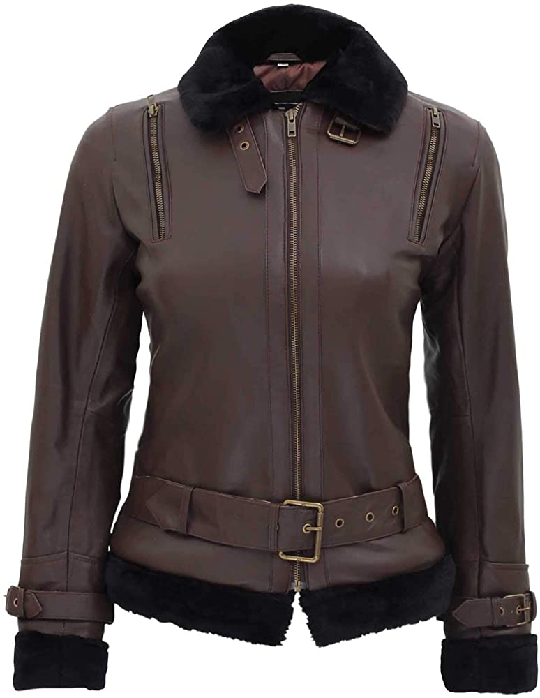 Western Fashion Brown Leather Jacket Women Black Fur Quilted Belted Jacket