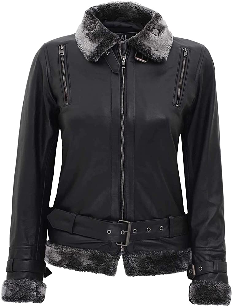 Western Fashion Black Leather Fur Jacket Women Belted Jackets