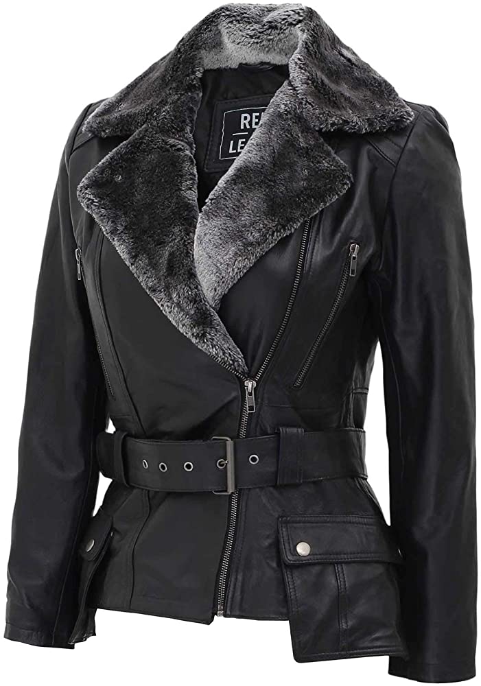 Women Western Fashion Black Leather Fur Jacket Stylish Belted Jackets