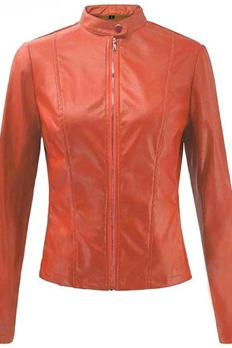 Stylish Slim Fit Orange Leather Jacket for Women