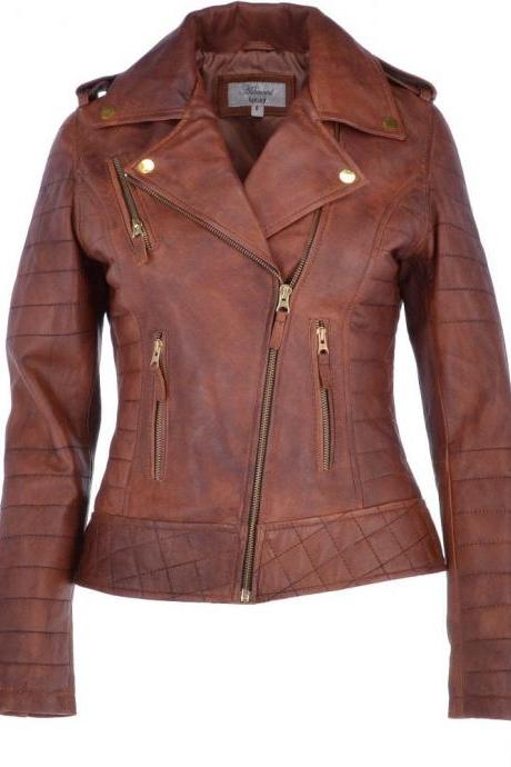Women Leather Biker Jacket Stylish Street Wear Brown Leather Jacket
