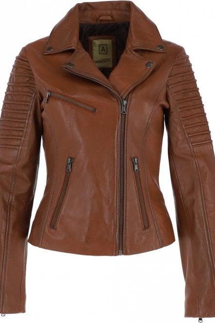 Women Brown Leather Biker Jacket Stylish Women Leather Jacket