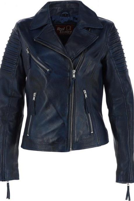 Women Blue Leather Biker Jacket Stylish Women Leather Jacket