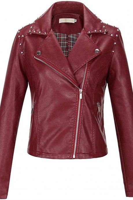 Red Faux Leather Moto Jacket for Women Streetwear Studded Jacket