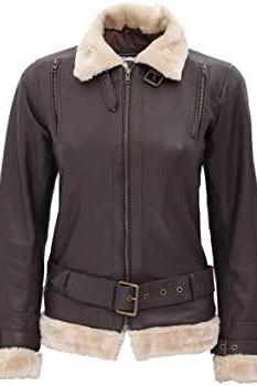 Western Fashion Brown Leather Jacket Women White Fur Quilted Belted Jacket
