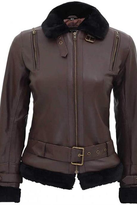 Western Fashion Brown Leather Jacket Women Black Fur Quilted Belted Jacket