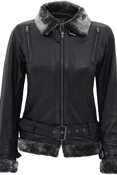 Western Fashion Black Leather Fur Jacket Women Belted Jackets