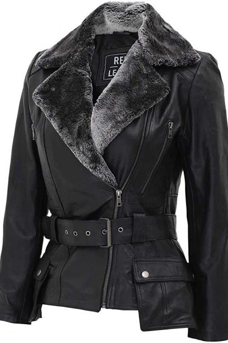 Women Western Fashion Black Leather Fur Jacket Stylish Belted Jackets