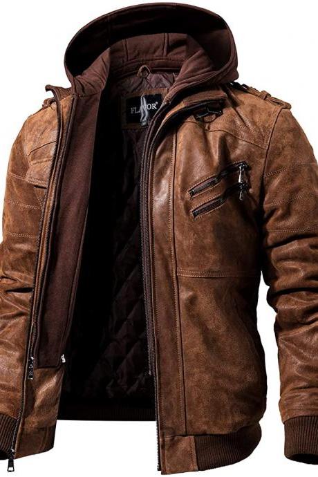 Brown Leather Hooded Jacket for Men Fashion Bikers Leather Jacket