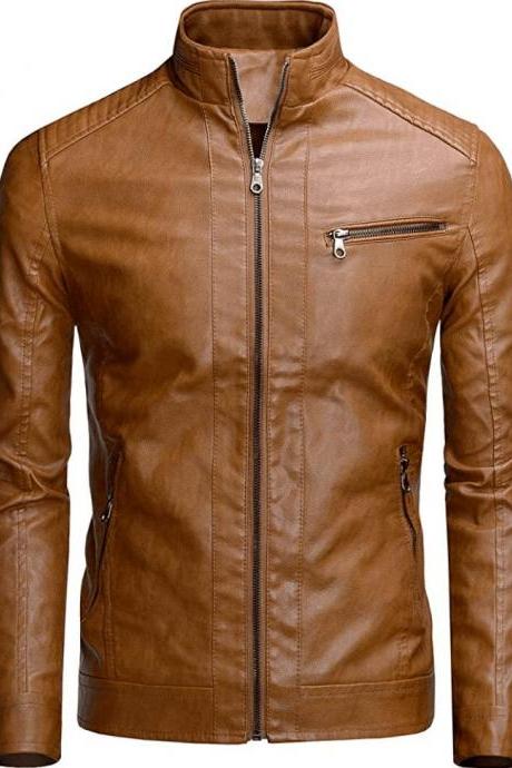Stylish Tan Leather Stand Collar Motorcycle Jacket for Men