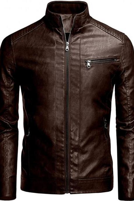 Stylish Brown Leather Stand Collar Motorcycle Jacket for Men