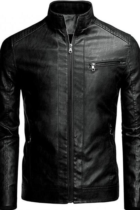 Stylish Black Leather Stand Collar Motorcycle Jacket for Men