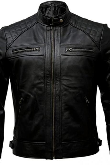 Vintage Black Leather Retro Moto Jacket for Men