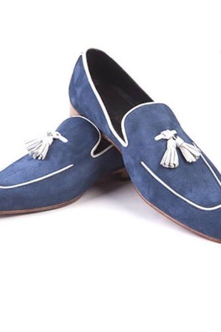 Stylish Navy Suede White Tassel Leather Casual Shoes for Mens Fashion Shoes
