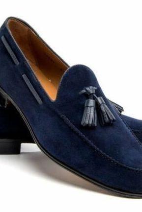 Handmade Oxford Tassels Shoes Navy Suede Formal Loafer Slip on Shoes