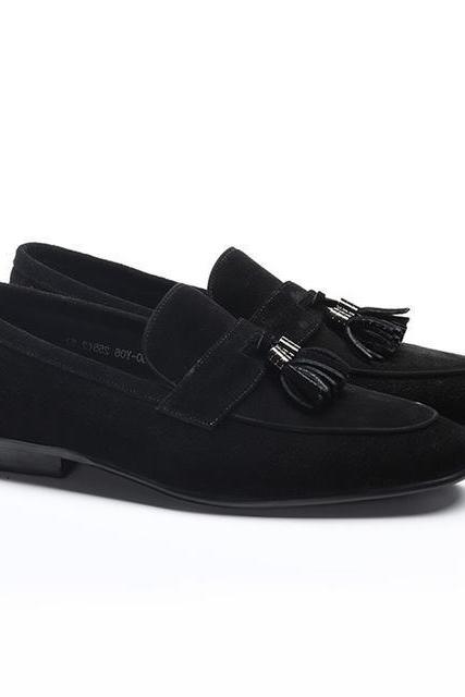 Handmade Mens Oxford Tassels Shoes Black Suede Formal Loafer Slip on Shoes