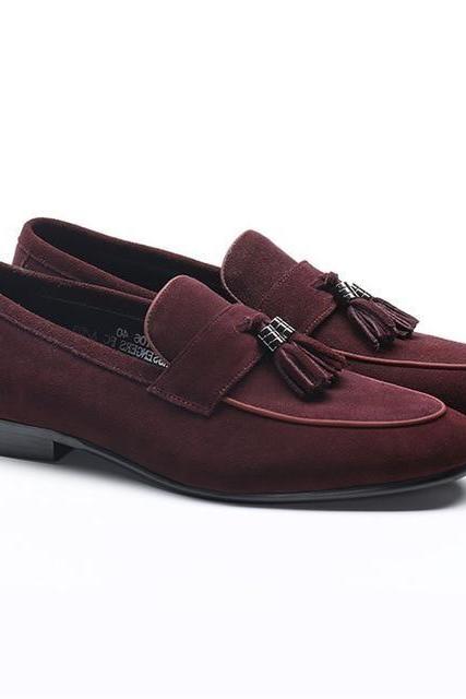 Handmade Oxford Tassels Shoes Burgundy Suede Formal Loafer Slip on Shoes