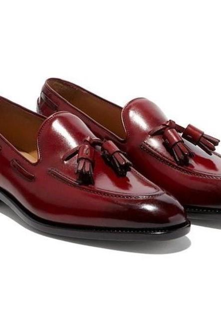 Stylish Handmade Leather Burgundy Red Tassel Loafers Slip on Shoes