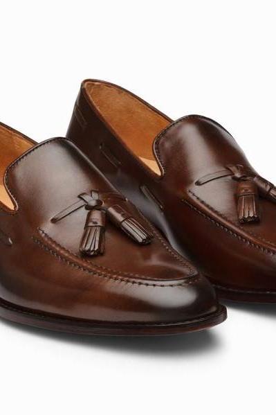 Stylish Handmade Leather Brown Tassel Loafers Slip on Fashion Shoes