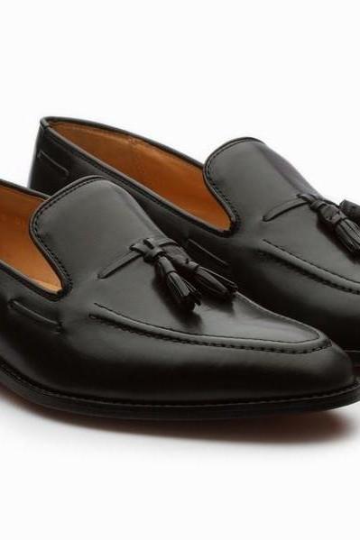 Stylish Handmade Leather Black Tassel Loafers Slip on Fashion Shoes