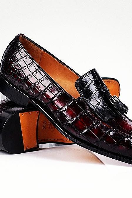 Burgundy Alligator Texture Patent Leather Tassel Loafer Slip on Fashion Shoes