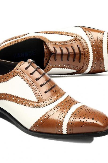Oxford White and Brown Leather Brogue Toe Spectator Shoes Men Dress Shoes