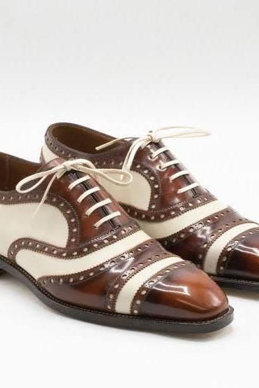 Oxford White and Brown Leather Spectator Shoes for Men Dress Shoes