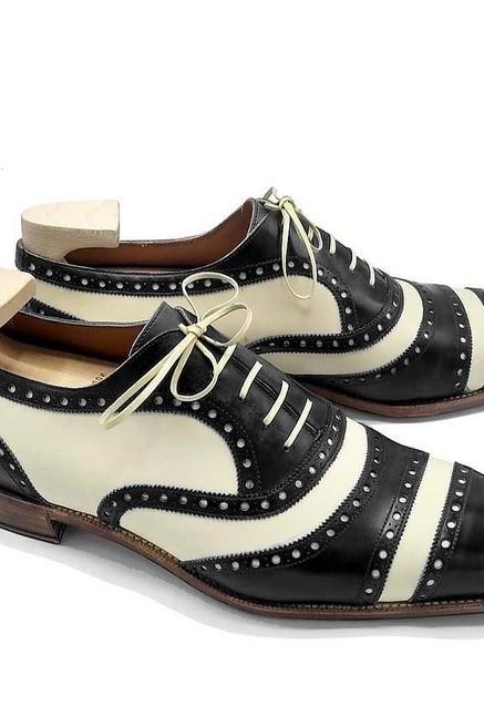 Oxford White and Black Leather Spectator Shoes Men Dress Shoes