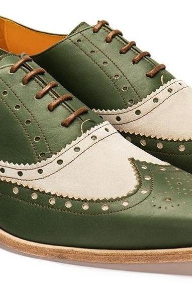 Oxford Green and White Leather Wingtip Dress Shoes for Mens Fashion Shoes