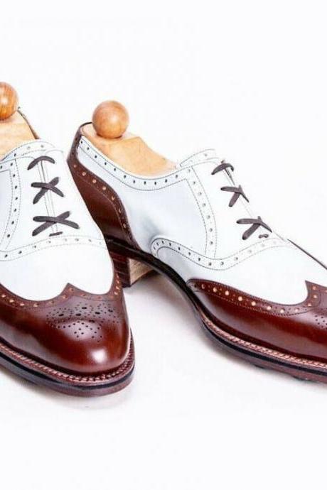 Oxford White and Brown Leather Brogue Toe Spectator Shoes for Men
