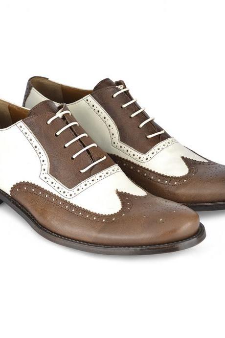 Oxford White and Brown Leather Wingtip Shoes for Men Dress Shoes