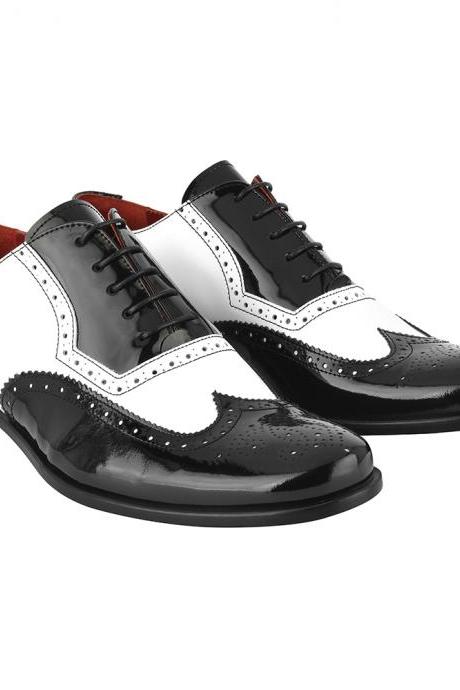 Oxford White and Black Leather Wingtip Brogue Toe Shoes for Men Dress Shoes