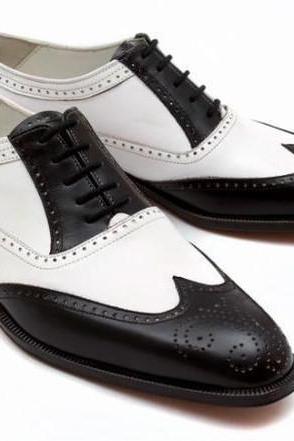 Oxford White and Black Leather Brogue Toe Shoes for Men Dress Shoes