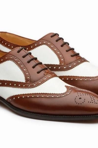 Stylish White and Brown Wingtips Brogue Shoes