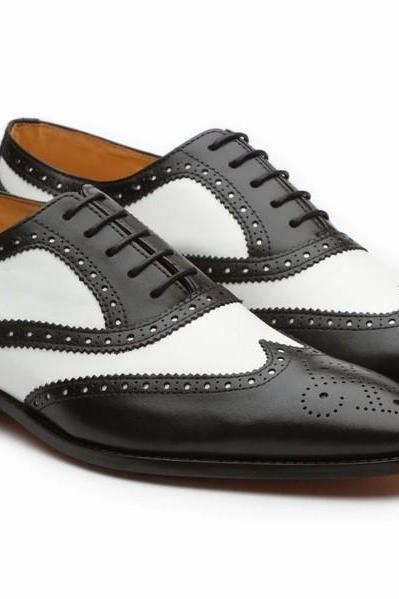 Stylish White and Black Wingtips Brogue Shoes