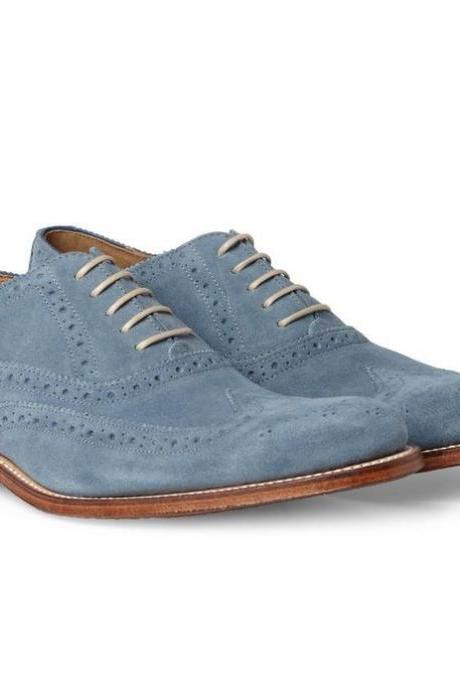 Stylish Blue Suede Lace Up Wingtips Dress Shoes