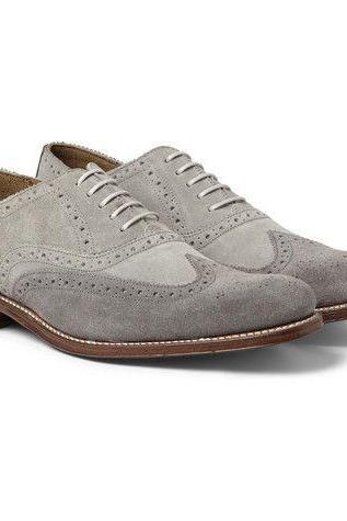 Stylish Gray Suede Two Tone Lace Up Wingtips Dress Shoes