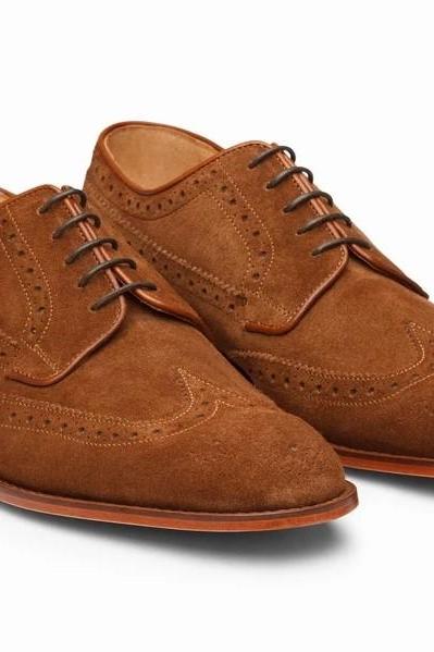 Stylish Men Brown Suede Wingtips Brogue Shoes
