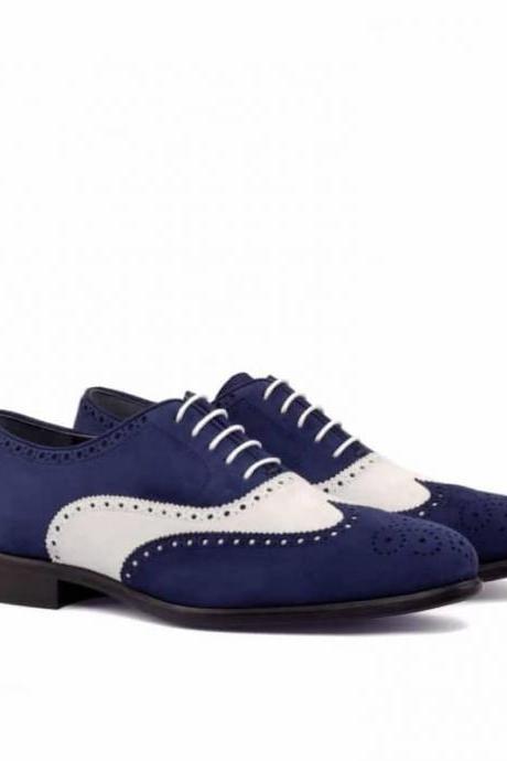 Stylish White and Navy Suede Wingtips Brogue Shoes