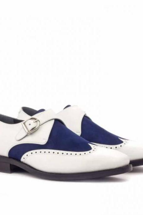 Stylish White and Navy Monk Strap Wingtips Shoes