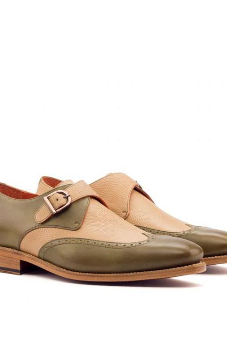 Stylish Beige Green Monk Strap Wingtips Shoes