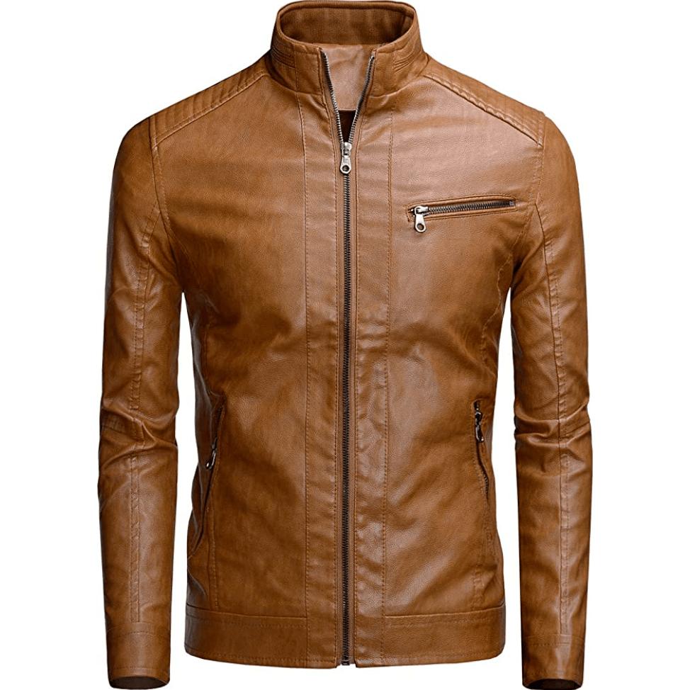 Stylish Tan Leather Stand Collar Motorcycle Jacket For Men on Luulla